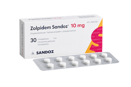 Zolpidem van Sandoz, ook wel Sanval genoemd. De verpakking vanaf de voorzijde.
