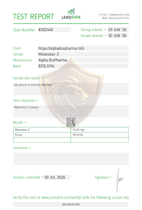 Janoshik test rapport Melanotan 2 Alpha BioPharma