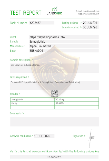 Janoshik testrapport Semaglutide 10 mg